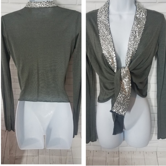 Green Tie Front White Sequin Linen/ Silk Sweater - Picture 1 of 11